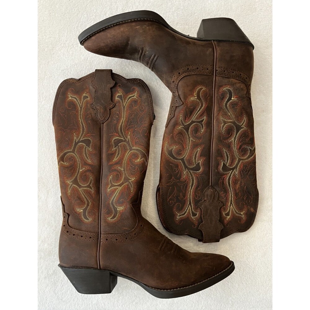 JUSTIN Brown Leather Western Stitched Womens Mid-Calf Boots Size 5.5 B Comb Last